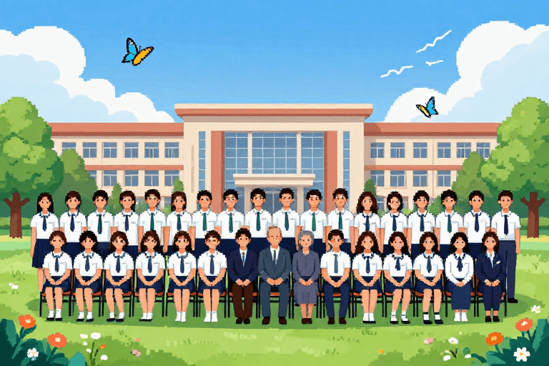 插画风素材：青春定格！男女均衡的高中毕业照像素插画