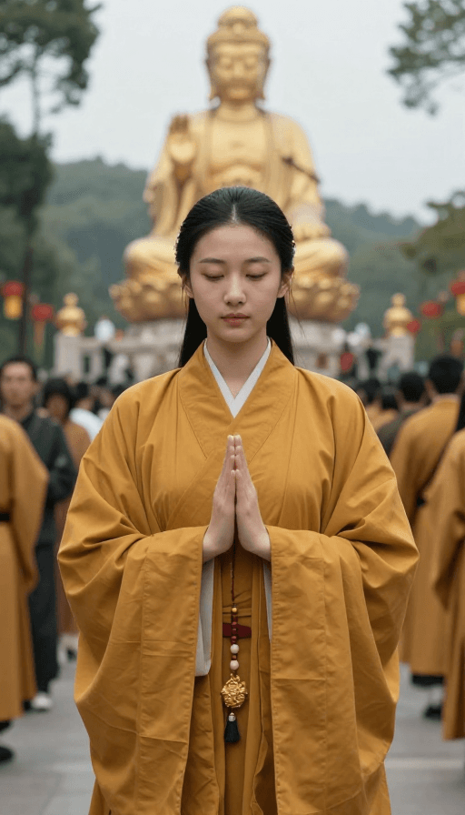 宗教仪式素材：素衣女子在古刹中虔诚叩拜的庄严瞬间