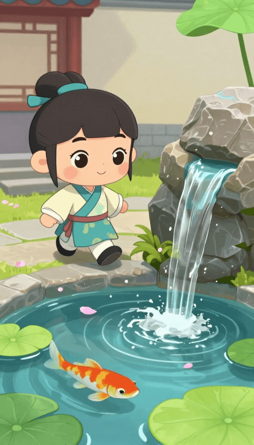 艺术装饰素材：Q版雅士静听无声水，皮克斯风庭院诗意画