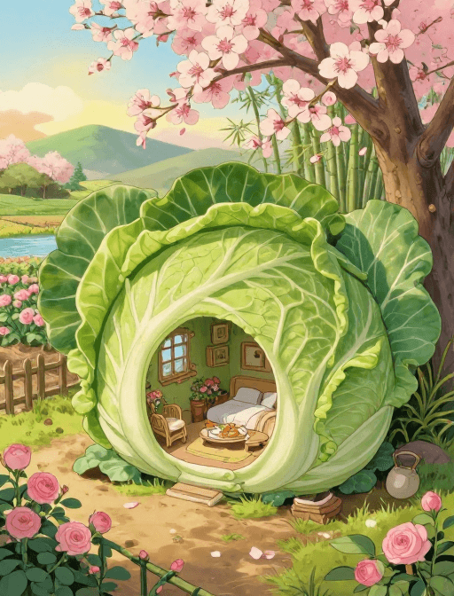 卷心菜小屋素材：宫崎骏风童话：巨大卷心菜屋的春日治愈梦境