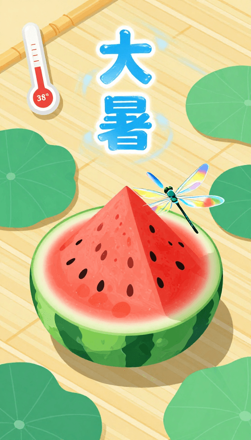 #大暑节气素材：大暑清凉插画：碧色荷叶托起冰镇西瓜