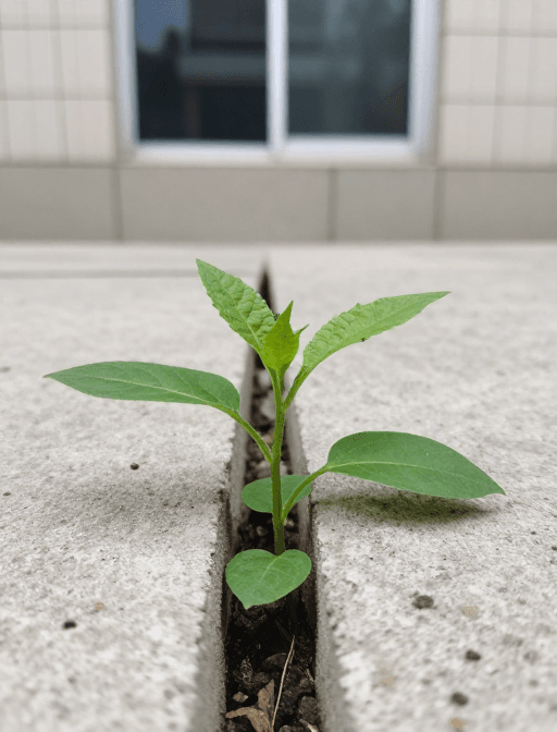 宣传素材素材：墙缝绿芽破土而生：自然生命力与城市建筑的诗意对话