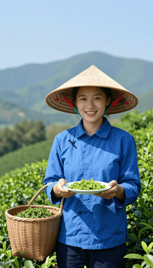 茶叶展示素材：青翠茶山中的笑容：斗笠蓝衫少女盛满新茶