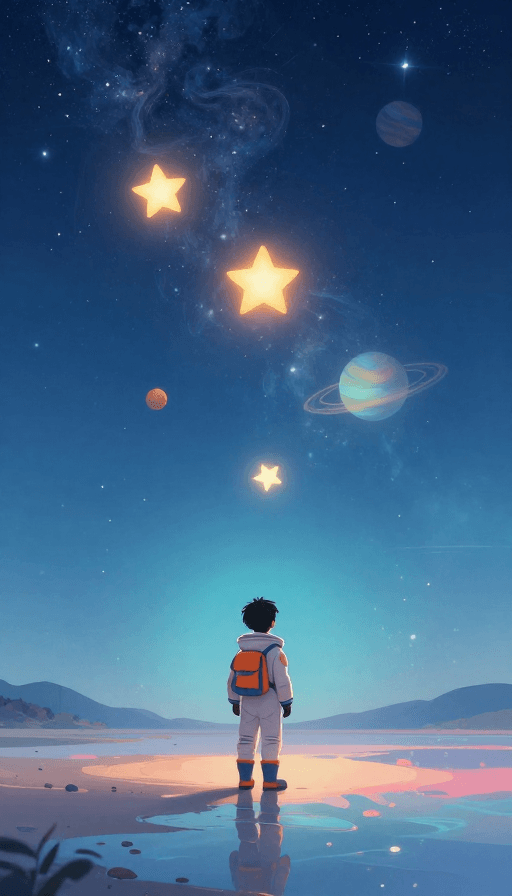 视觉留白素材：星空少年：梦幻夜空下的宁静幻想插画