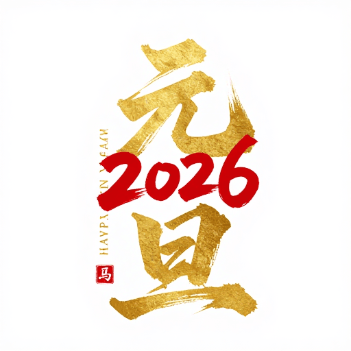 2026新年素材：金色水墨‘元旦’书法设计，搭配2026红色字体与印章