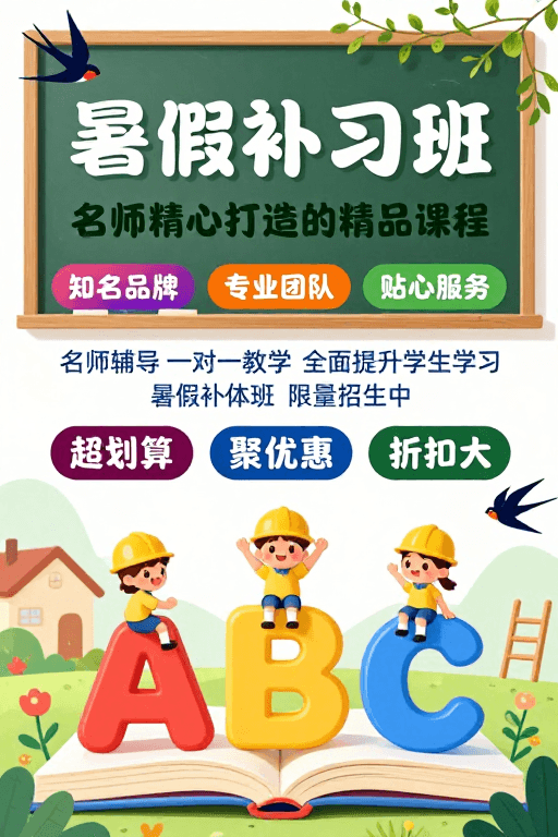 清新插画素材：清新童趣·暑假补习班招生海报