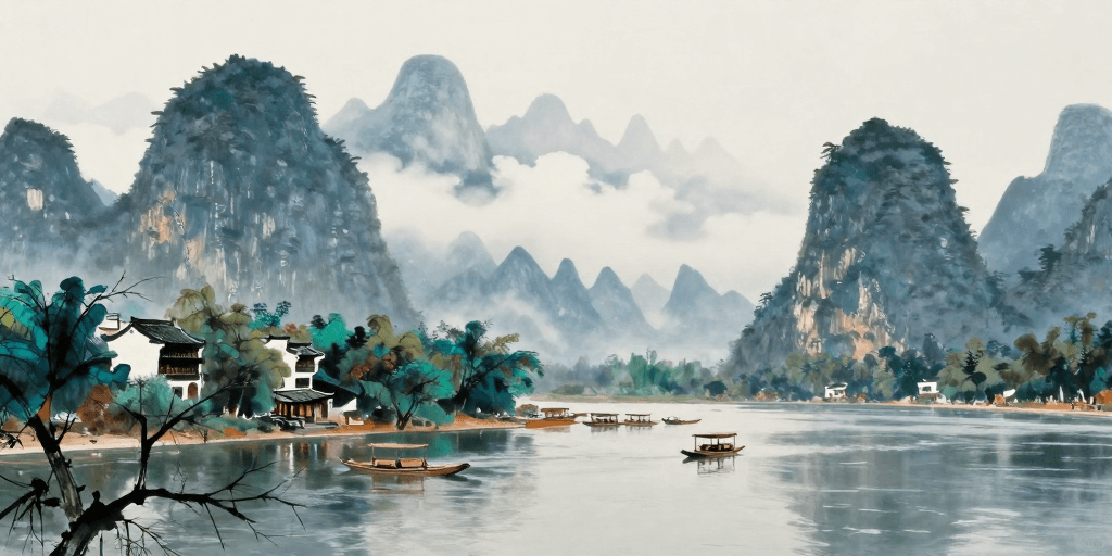 高端海报素材：水墨漓江：诗意水乡的国画笔意