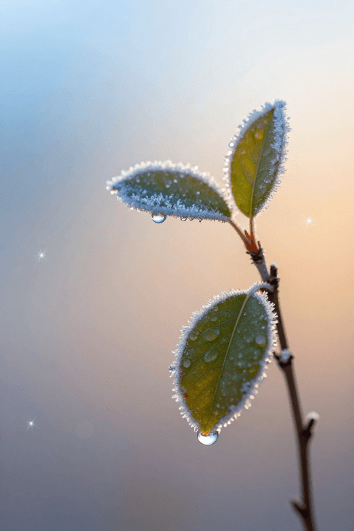 晨曦光影素材：晨曦霜枝：冬日微距光影诗意图
