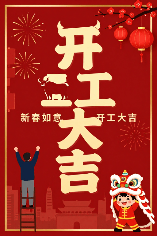 节日庆典素材：牛年开工大吉：传统插画渲染新春复工庆典氛围