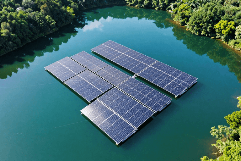 冷调蓝绿素材：漂浮式太阳能电站：碧湖之上的绿色能源奇观