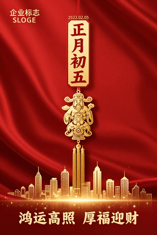 财神纳福素材：初五迎财鸿运图：喜庆新年祝福与城市夜景