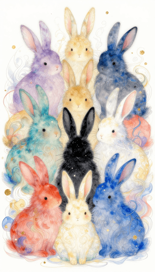 绘本风格素材：幻彩兔群与神秘黑兔的治愈插画