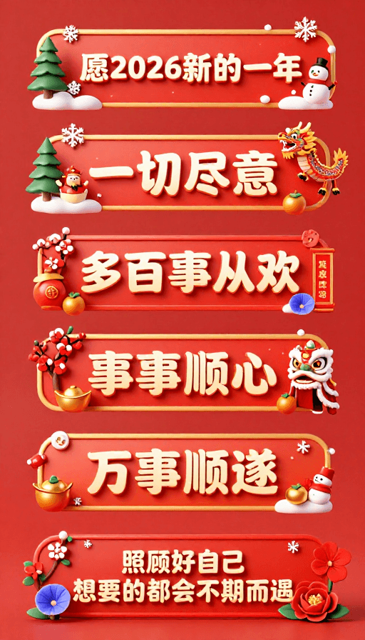 立体标题设计素材：2026冬日新年祝福：C4D渐变红色立体标题插画