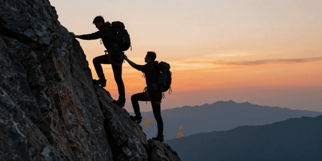 风景摄影素材：登高共勉：逆光下登山者携手攀登