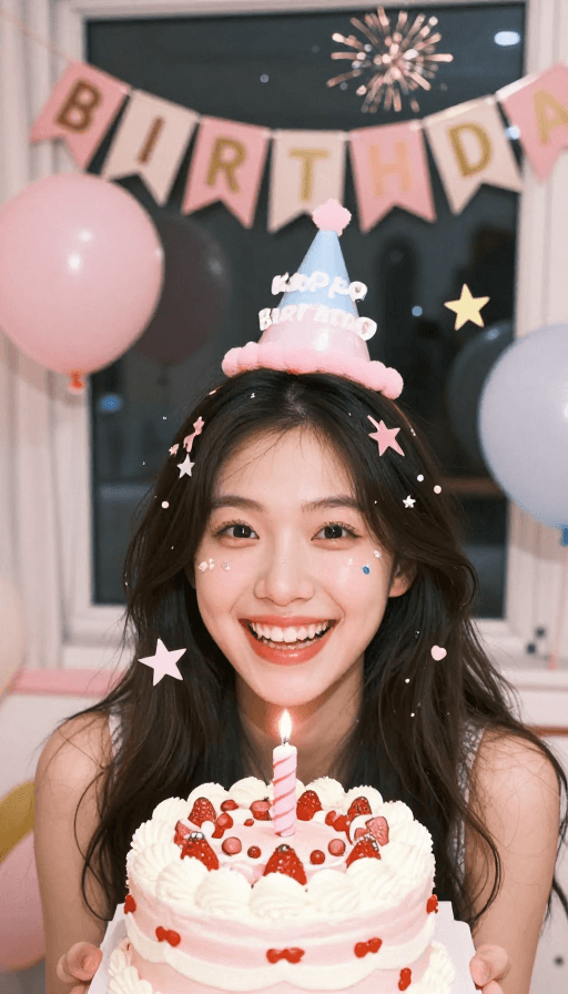 面部特写素材：甜蜜笑容开启人生新章：粉色生日派对特写