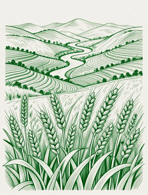 山水田园素材：复古雕刻山水麦田线描：线条勾勒自然画卷