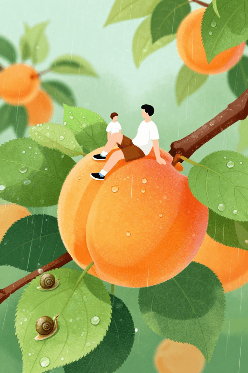 水果元素素材：雨中杏林奇遇：人物与巨杏的清新插画