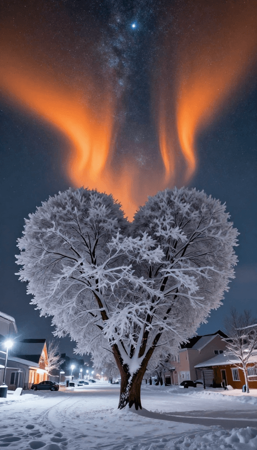 雪地森林素材：极光雪夜奇观：爱心碎须树幻梦