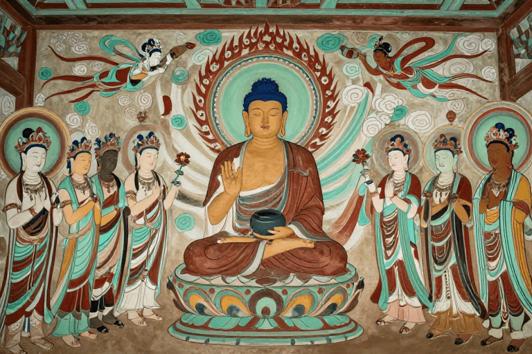 文化展览素材：敦煌莫高窟唐代佛说法图：庄严华美