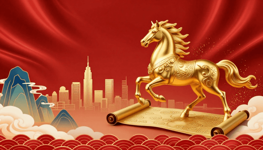 丝绸渐变背景素材：金骏腾云：国风与现代都市融合的艺术画卷