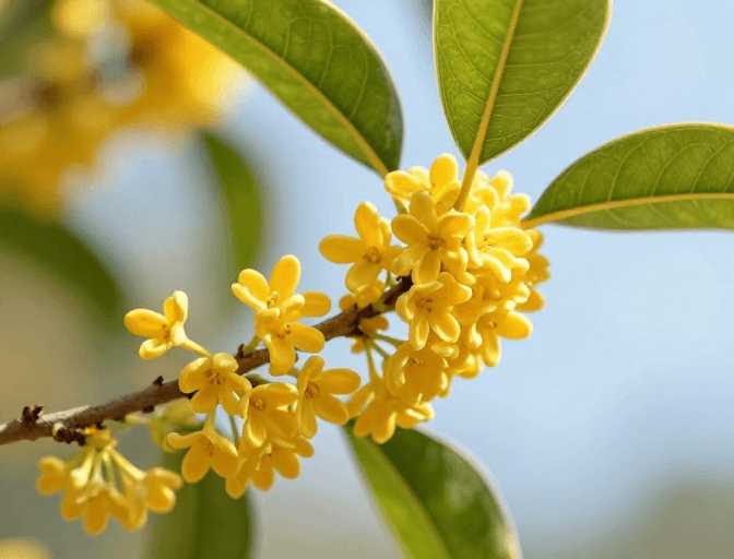 绿叶衬托素材：金黄桂花绽放：春日生机与自然通透之美