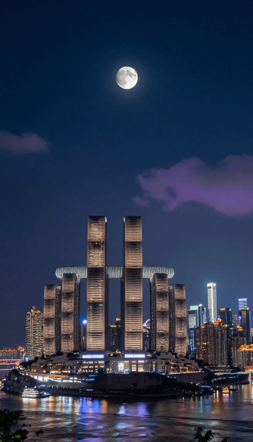 城市建筑素材：月夜璀璨城市全景：深蓝星空下的静谧夜景