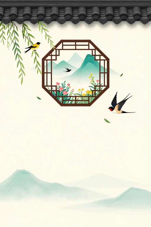 商业背景素材：淡雅宣纸风中国风插画：山水燕影与黄鹂