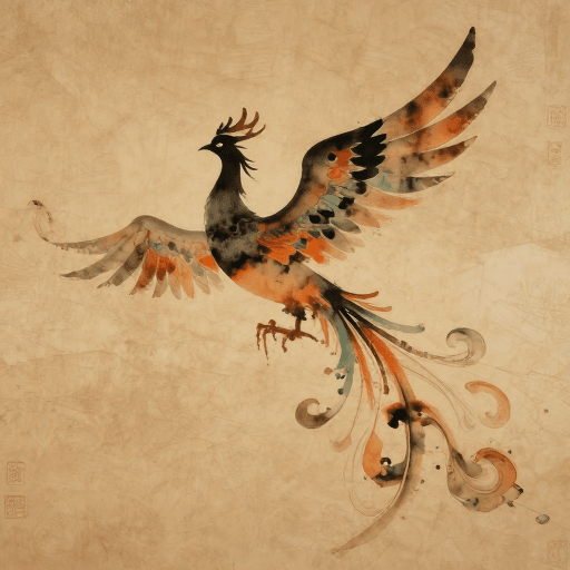 抽象插画素材：水墨古风：戈壁暖调凤凰剪影的意境之美