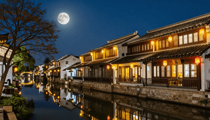 暖黄灯光素材：古韵江南夜：水乡灯火与月华交融的静谧画卷