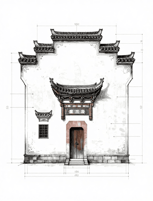 8K高清素材：徽派建筑CAD素描图：铅笔线条勾勒古韵