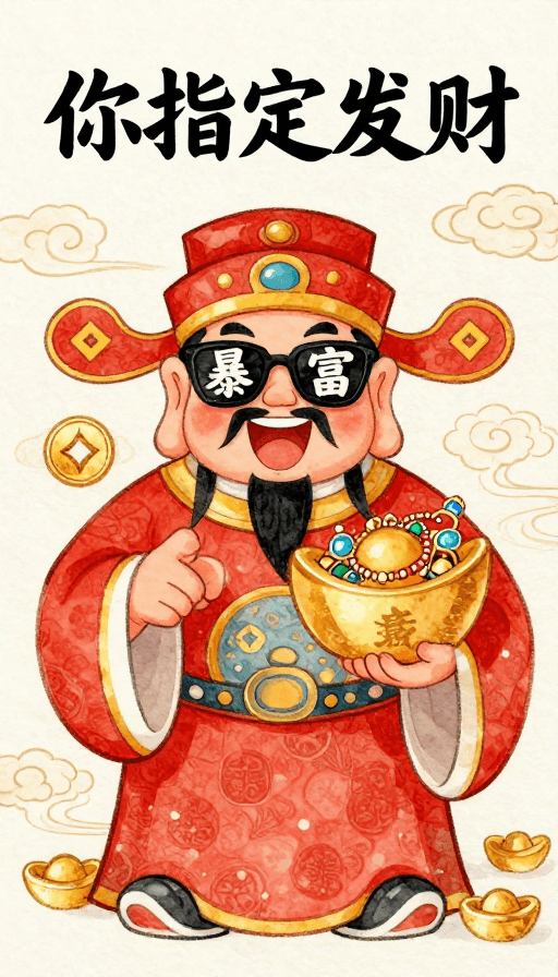 财神爷素材：财神泼墨新绘：墨镜戴财宝，水彩红韵迎富贵