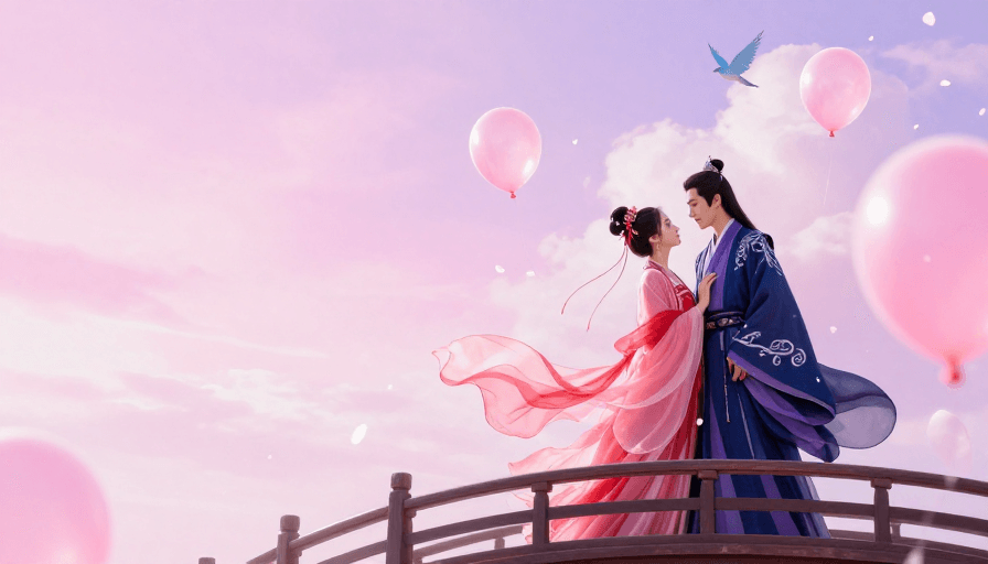 粉紫渐变素材：梦幻古风情侣对望，粉紫渐变天空下的浪漫时刻