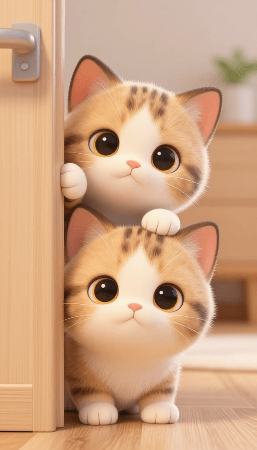 高清插画素材：呆萌小奶猫探门缝，超治愈3D插画
