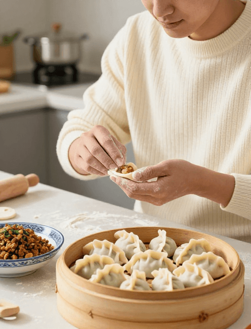 现代厨房素材：暖光厨房中专注包饺子的亚洲青年