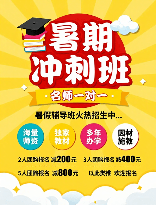 招生宣传素材：暑期冲刺班火热招生，名师一对一教育宣传海报