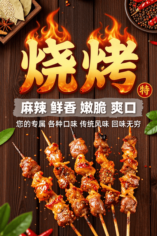烧烤美食素材：烈焰炙烤·传统风味美食盛宴