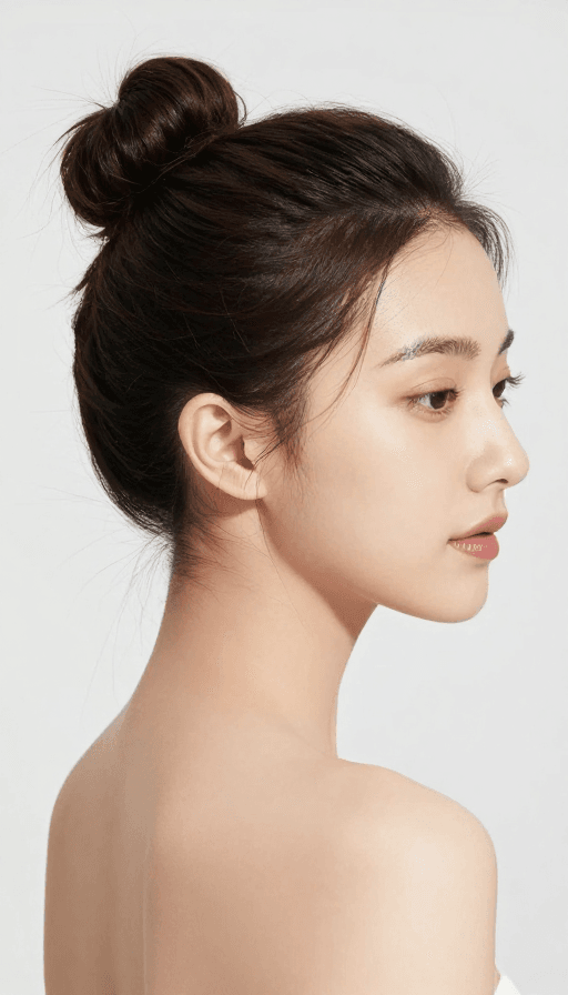 头像素材素材：高清丸子头美女侧颜写真，细腻肌肤质感展现