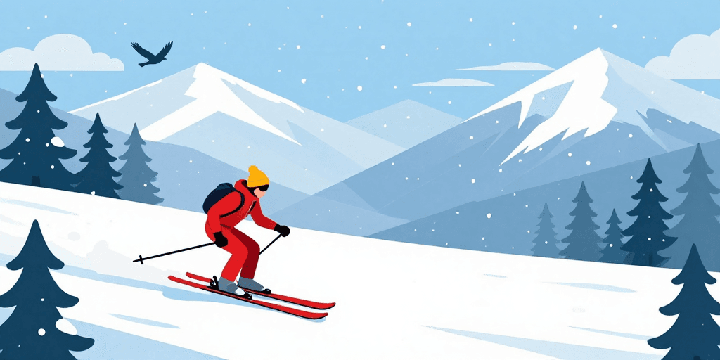 冬季运动素材：动感雪景：红色滑雪者在蓝调雪山中飞驰