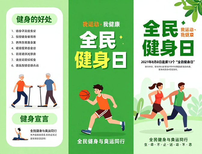 #三折页设计素材：活力绿色全民健身日简约现代宣传海报