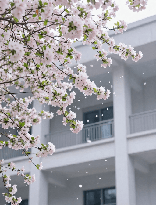 海棠花素材：海棠花雨与现代建筑交融的圣洁初雪