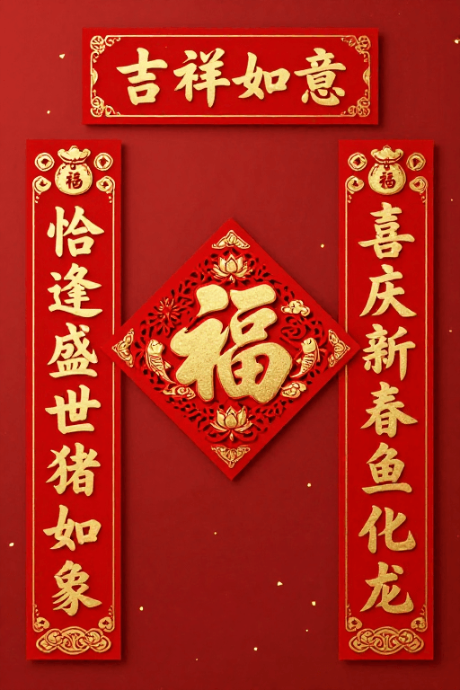 烫金工艺素材：红金立体春节对联 吉祥富贵中国风设计