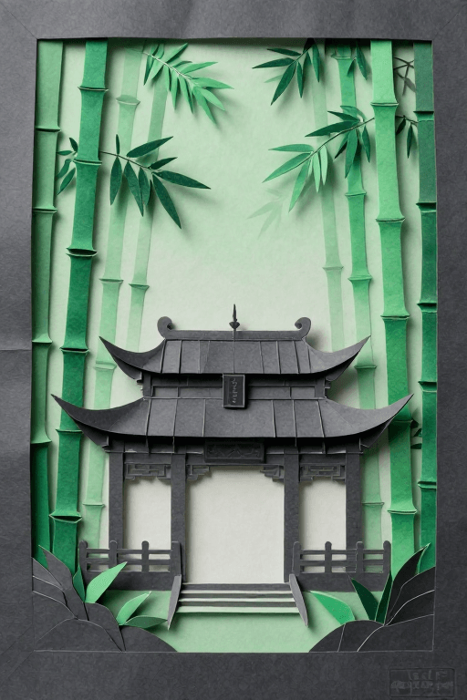 水墨风素材：水墨意境古寺纸雕：竹林间的极简艺术