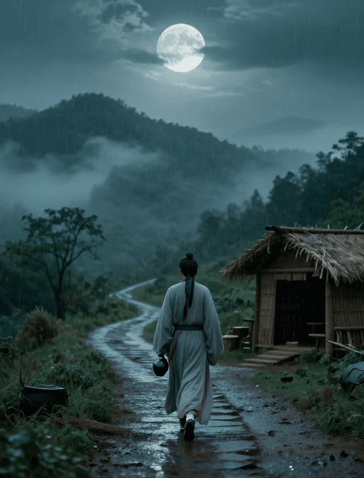 意境唯美素材：冷调月光下的古装诗人踏月行