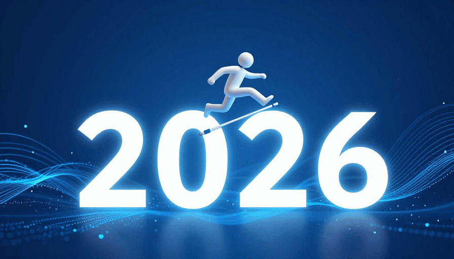 2026飞跃：商务蓝粒子光影下的科技未来感插画