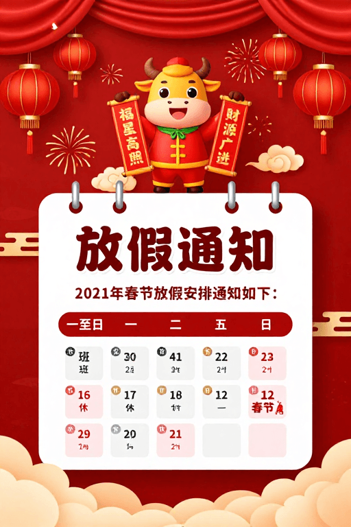 卡通插画素材：春节喜庆中国风海报：2021年放假安排通知