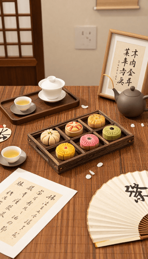 高端产品摄影素材：新中式餐桌雅韵：古风茶席与精致点心艺术