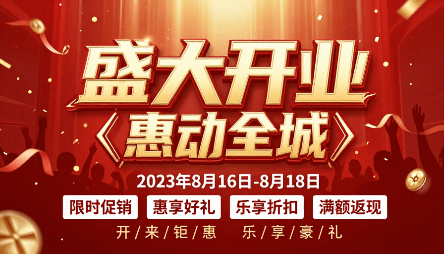 喜庆促销素材：盛大开业 惠动全城 金色庆典促销海报
