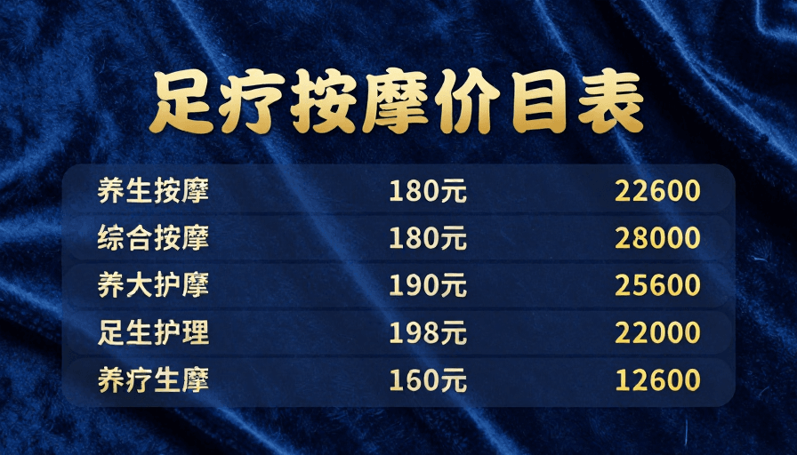 丝绒质感素材：高端足疗按摩价目表：优雅金纹彰显专业品质