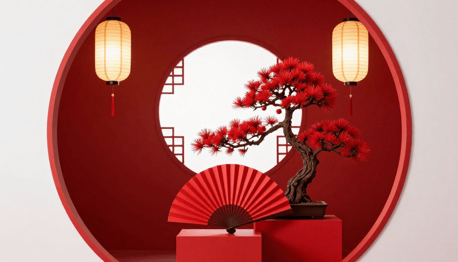 红白配色素材：红白新中式节日装饰：灯笼松树光影艺术