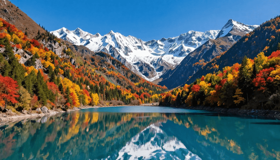 高饱和度素材：秋日山谷：碧湖映雪峰彩林
